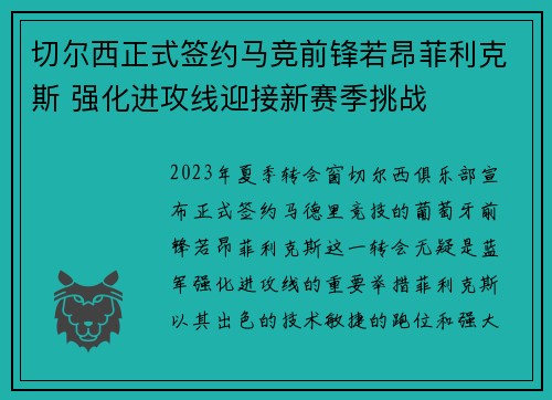 切尔西正式签约马竞前锋若昂菲利克斯 强化进攻线迎接新赛季挑战
