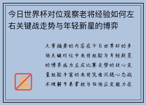 今日世界杯对位观察老将经验如何左右关键战走势与年轻新星的博弈