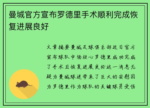 曼城官方宣布罗德里手术顺利完成恢复进展良好